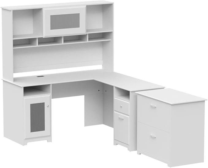 Bush Furniture Cabot 60W L Shaped Computer Desk with Hutch and Lateral File Cabinet in White