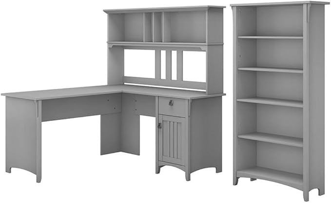Pemberly Row 60W L Shaped Desk with Hutch and Bookcase, Cape Cod Gray Finish, 5 Shelf Bookcase, Space-Saving Corner Desk, Adjustable Shelves, Cottage Style Furniture for Home Office Use