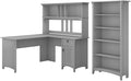 Pemberly Row 60W L Shaped Desk with Hutch and Bookcase, Cape Cod Gray Finish, 5 Shelf Bookcase, Space-Saving Corner Desk, Adjustable Shelves, Cottage Style Furniture for Home Office Use