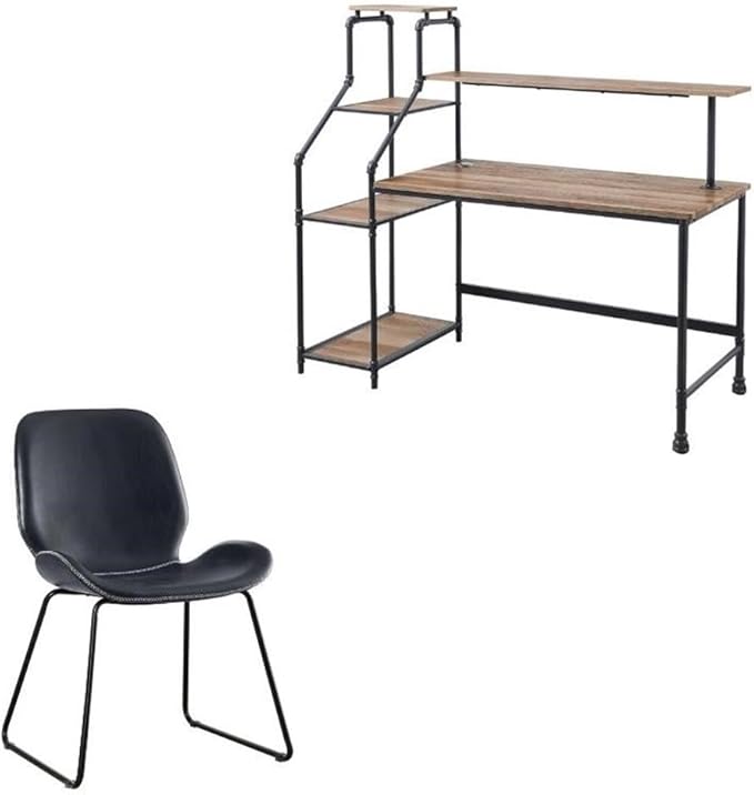Furniture of America FOA 2-Piece Home Office Metal Desk and Faux Leather Black Chair Set