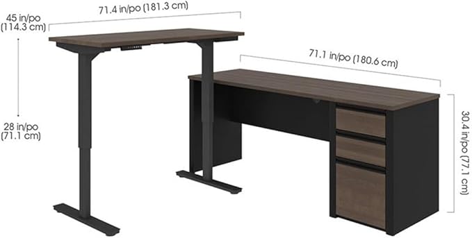 Pemberly Row 2 Piece Standing Desk Set, Adjustable Height 28"-45", Antigua and Black Finish, Particle Board and Melamine, Includes Storage Credenza with 3 Drawers, Reversible Design, Home Office