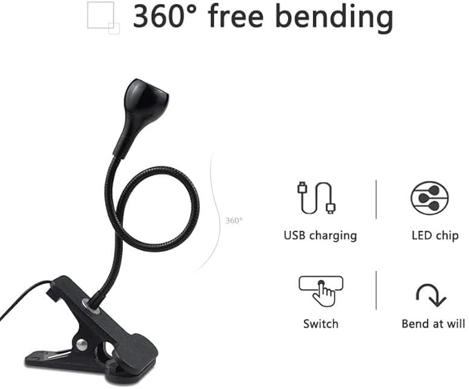 LED Desk Lamp Clip On Light,360°Flexible Gooseneck and Clamp Reading Light,Portable USB Powered Task Light with Clamp,Night Light Clip on for Desk, Bed Headboard and Computers Black