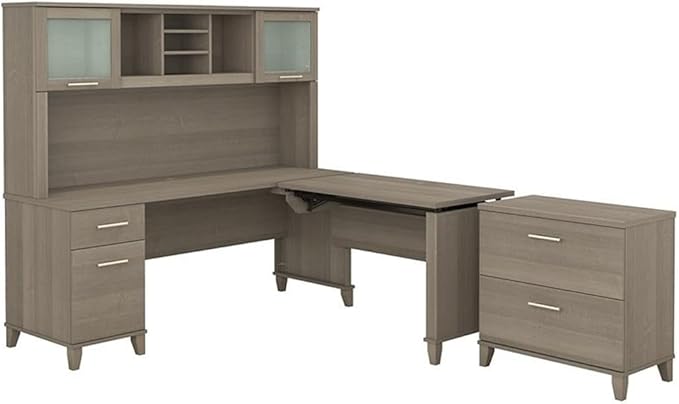 Bush Home Somerset 72W 3 Position Sit to Stand L Shaped Desk with Hutch and File Cabinet in Ash Gray