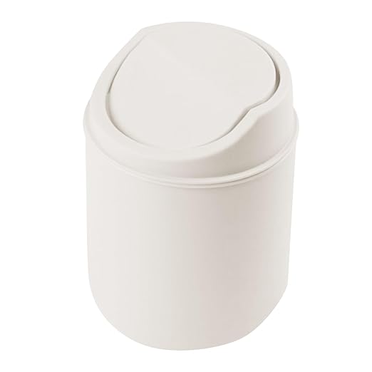 Mini Desktop Trash Can with Lid - 6.3'' Swing-Lid Plastic Garbage Bin for Desk, Countertop & Kitchen, Tiny Creative Waste Basket for Living Room & Office Organization (White)