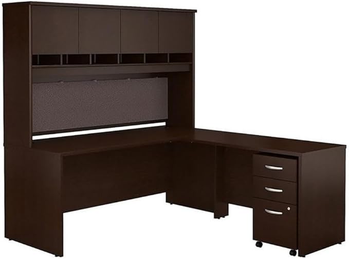 Scranton & Co 72" Transitional Wood L Shaped Desk with Hutch, Mocha Cherry Finish, Thermally Fused Laminate, Mobile File Cabinet, 6 Cubby Shelves, Tack Board, Office Workstation Storage for Home or