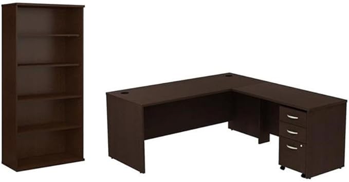 Pemberly Row Set of 2 Wood 5-Shelf Bookcase & L-Shaped Desk with File Cabinet