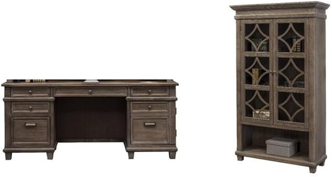 BOWERY HILL Set of 2 Credenza Desk Writing Table and Glass Display Bookcase