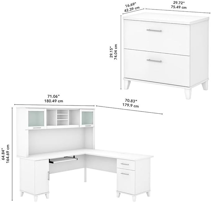 Pemberly Row 72W L Shaped Desk with Hutch & File Cabinet, Engineered Wood, White Finish, Ample Storage with Frosted Glass Hutch & File Drawers, Home Office Furniture Set