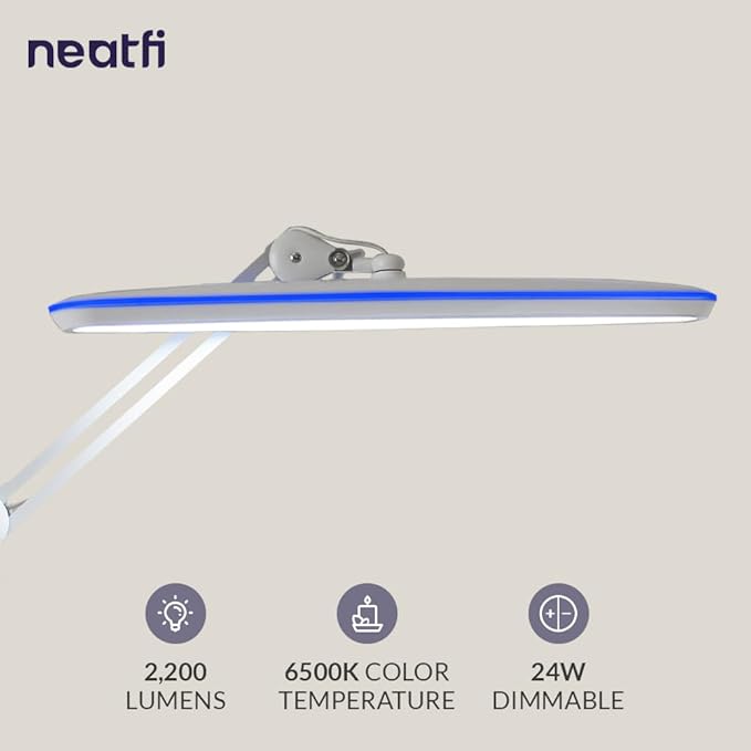 Neatfi XL 2,200 Lumens 24W LED Desk Lamp – 23” Wide Shade | Dimmable Eye-Caring Task Light | Adjustable Arm | Home Office, Study, Crafts & Nail Tech (White, Non-CCT with Clamp)