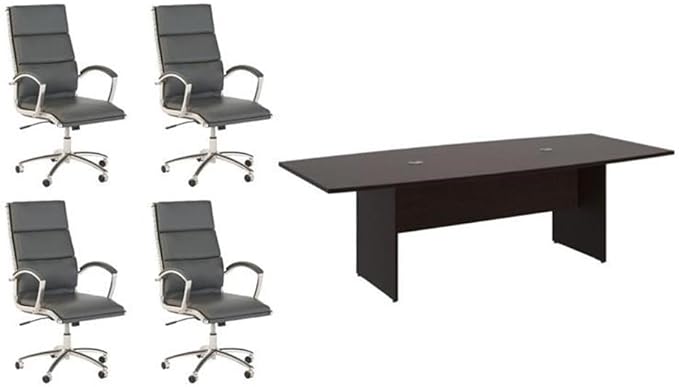 Pemberly Row Set of 5 - Cherry Conference Table & 4 Dark Gray Executive Chairs