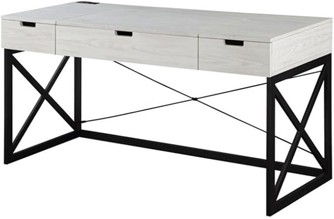 Furniture of America FOA 2-Piece 60 Inch Antique White Wood Lift Top Desk and Home Office Chair Set