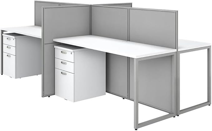 Pemberly Row 60W 4 Person Desk, Engineered Wood, White Finish, Includes Storage Cabinets, 45H Cubicle Panels, Built-in Wire Management, Adjustable Metal Legs, Contemporary Office Furniture for