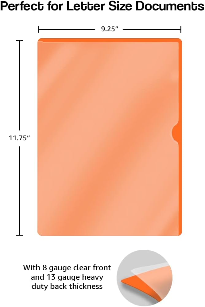 Doctor Stuff - 25 Pack L-Type Vinyl Plastic File Folders Letter Size, Orange Pocket Project Folders Clear Front, Documents Holder for Home, High School, Office and Medical Files