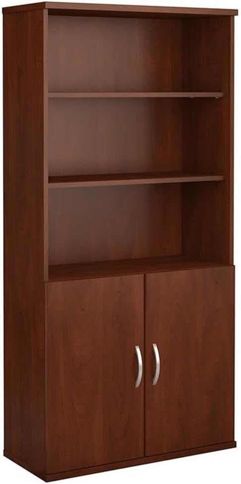 Pemberly Row Set of 2 5-Shelf Bookcase with Doors & L-Shaped Desk with Drawers