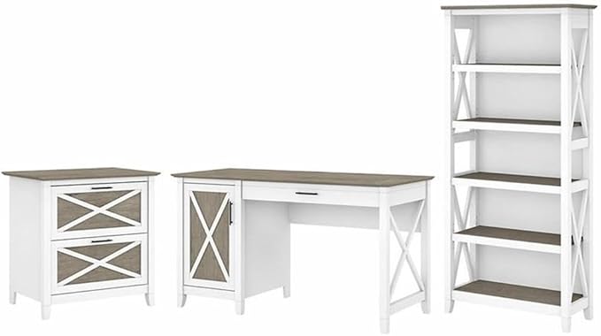 Bush Furniture Key West 54W Computer Desk with 2 Drawer Lateral File Cabinet and 5 Shelf Bookcase in Pure White and Shiplap Gray