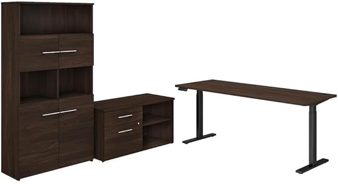 Pemberly Row 72W Height Adjustable Desk Set, Black Walnut Finish, Engineered Wood, Includes Standing Desk, Storage Cabinet with Drawers, 5 Shelf Bookcase, Ergonomic Home Office Furniture