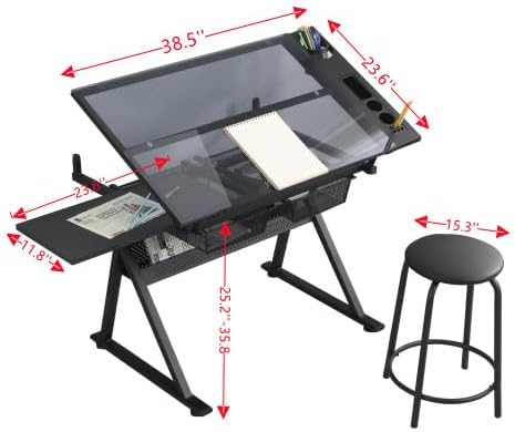 Tempered Glass Drafting Printing Table with Chair and Two Drawers,Desk W/Tilted Tabletop & Adjustable Legs,for Home,Office,School,Easy to Assemble,Black