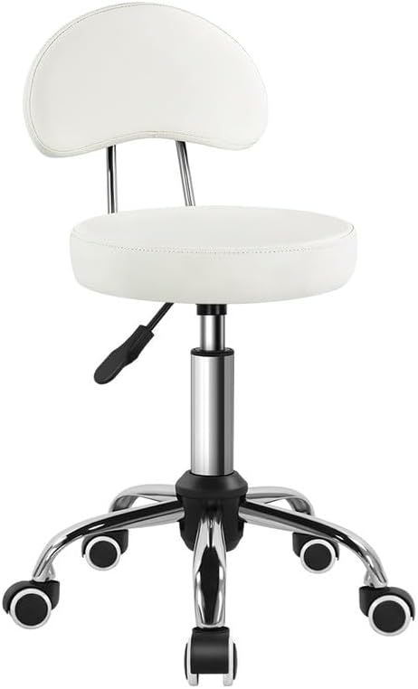 KKTONER Rolling Stool with Mid Back Height Adjustable Chair PU Leather Swivel Chair with Wheels for Office Home Task Drafting (White)