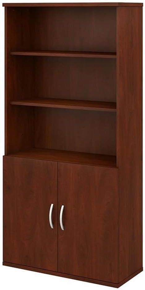 Pemberly Row Set of 2 5-Shelf Bookcase with Doors & L-Shaped Desk with Drawers