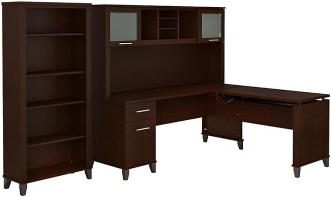 Pemberly Row Sit to Stand L Shaped Desk with Hutch and Bookcase, Cherry Finish, 72W x 24D Office Desk, Adjustable Height Return, 5 Shelf Bookcase, Ergonomic Workspace for Home Office Use