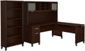 Pemberly Row Sit to Stand L Shaped Desk with Hutch and Bookcase, Cherry Finish, 72W x 24D Office Desk, Adjustable Height Return, 5 Shelf Bookcase, Ergonomic Workspace for Home Office Use