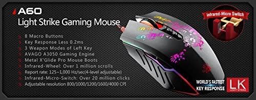 Bloody A60L Optical Gaming Mouse with Light Strike (LK) Switch & Scroll - Fully Programmable and Advance Macros (A60L)