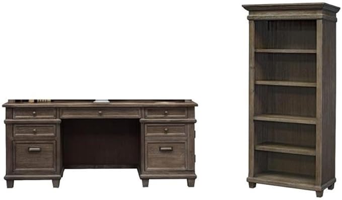 BOWERY HILL Set of 2 Credenza Office Desk Writing Table and Open Bookcase - Gray