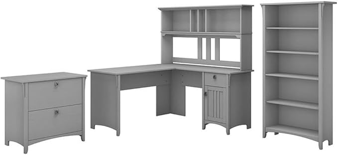 Pemberly Row 60W L Shaped Desk Office Suite, Cape Cod Gray, Includes Hutch, 2 Drawer Lateral File Cabinet, 5 Shelf Bookcase, Mission Style, Space-Saving Home Office Furniture Set