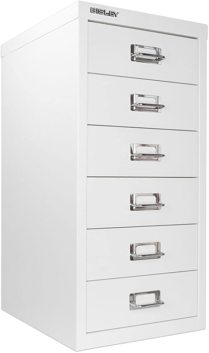 Bisley 6-Drawer Steel MultiDrawer Cabinet - Traffic White, Chrome Pull Handles with Label Holders, Powder-Coated Steel, Removable Drawers, Fits Under Most Desks, Labels Included