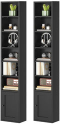RALGEND 7-Tier Tall Narrow Bookshelf with Door Set of 2, 70.9 Inches CD DVD Slim Media Tower Rack with Storage Cabinet, Adjustable Shelves, Skinny Bookshelf Display Bookcase for Home Office, Black