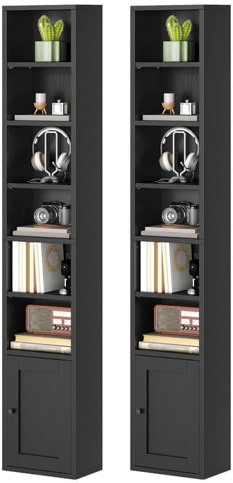 RALGEND 7-Tier Tall Narrow Bookshelf with Door Set of 2, 70.9 Inches CD DVD Slim Media Tower Rack with Storage Cabinet, Adjustable Shelves, Skinny Bookshelf Display Bookcase for Home Office, Black