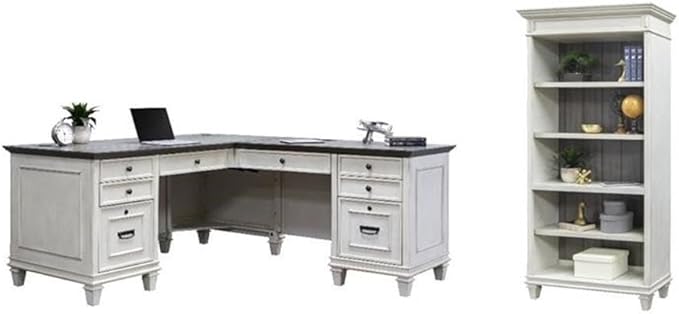 BOWERY HILL Set of 2 L-Desk Writing Office Desk and Open Bookcase in White