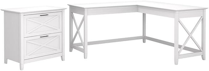 Scranton & Co L Shaped Engineered Wood Desk with File Cabinet, 60W x 60D x 30H, White Finish, Sturdy Coastal Farmhouse Style Home Office Desk Set with 2 Drawer Filing Storage