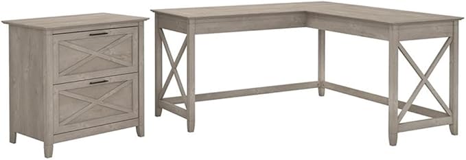 Pemberly Row 60W L Shaped Desk with 2 Drawer File Cabinet, Washed Gray Finish, Durable Office Desk Set with X Pattern Accents, Spacious Work Surface, Home Office or Living Room Furniture