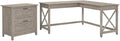 Pemberly Row 60W L Shaped Desk with 2 Drawer File Cabinet, Washed Gray Finish, Durable Office Desk Set with X Pattern Accents, Spacious Work Surface, Home Office or Living Room Furniture