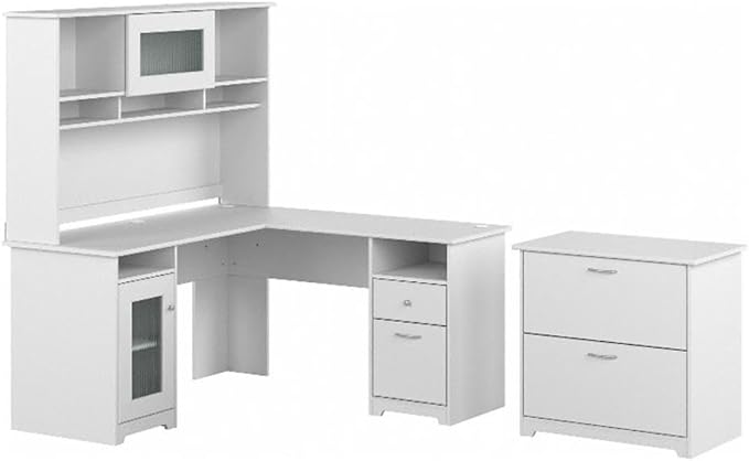 Pemberly Row 60W L Shaped Wood Desk Set, White Finish, Includes Hutch with Fluted Glass Door and Lateral File Cabinet, Built-in Wire Management, Adjustable Shelf, Home Office Furniture