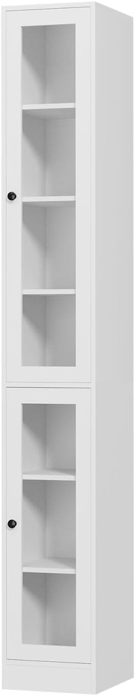 TUSY 85.5 Inch Tall Bookshelf with Doors - 7 Tier Bookcase with Glass Doors and Drawer, 23.6" Wide Storage Cabinet with Open Shelves for Living Room, White Book Shelf for Home Office, Study (D)