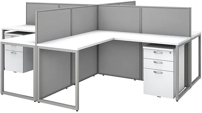 Pemberly Row 4 Person L Desk with Drawers, 45H Panels, Engineered Wood, White Finish, Includes Filing Cabinets, Wire Management, Durable Office Furniture Set for Collaborative Workspaces