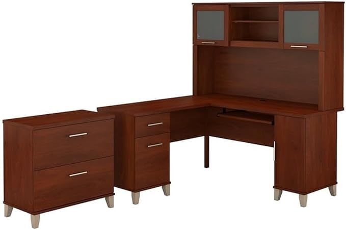 Scranton & Co Furniture Somerset 60W L Desk with Hutch & File Cabinet, Cherry Finish, Wire Management, Frosted Glass Doors, Legal/Letter File Storage, Home Office Set with Keyboard Tray