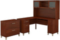 Pemberly Row Modern 60W L Shaped Desk with Hutch and File Cabinet, Cherry Finish, Frosted Glass Doors, Keyboard Tray, File Drawers, Home Office Furniture Set for Indoor Use