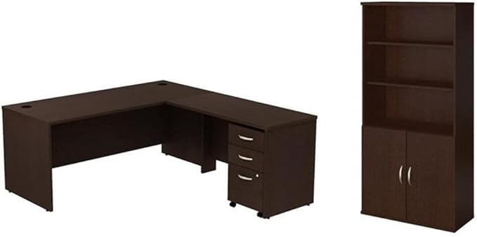 Pemberly Row Set of 2 Wood Bookcase with Doors & L-Shaped Desk with File Cabinet