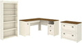Pemberly Row 3 Piece Office Set, Antique White Finish, Laminate Over Engineered Wood, Includes L Shaped Desk, Bookcase, Lateral File Cabinet, Space-Saving Home Office Furniture