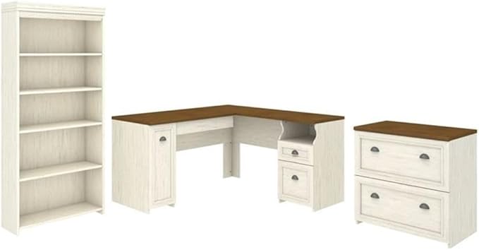 Pemberly Row 3 Piece Office Set, Antique White Finish, Laminate Over Engineered Wood, Includes L Shaped Desk, Bookcase, Lateral File Cabinet, Space-Saving Home Office Furniture