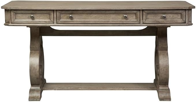 BOWERY HILL Traditional Wood 3-Piece Desk and Hutch Set, Heathered Taupe Finish, 60x28x30 in Desk, Rubberwood and Cathedral White Oak Veneers, Antique Brass Hardware, Elegant Office Furniture for
