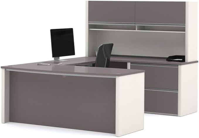 Atlin Designs U-Shape Home Office Set, Sandstone Finish, 65.3" H x 95.6" W x 71.6" D, Includes Executive Desk, Credenza, Hutch, Oversized Pedestal, Keyboard Tray, Durable Melamine Work Surfaces with