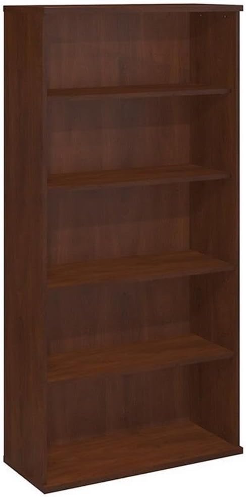 Pemberly Row Set of 2 Wood L-Shaped Desk & 5-Shelf Bookcase in Hansen Cherry