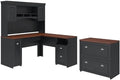 Pemberly Row L Shaped Desk with Hutch and File Cabinet, Antique Black Finish, Engineered Wood and Laminate, Spacious Corner Office Desk with Storage and Adjustable Shelves for Home Office Use