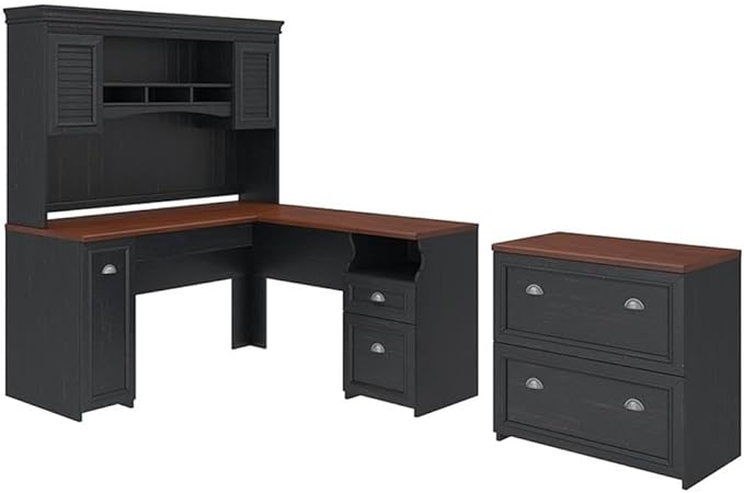 Bush Furniture Fairview 60W L Shaped Desk and Storage Cabinet with Drawer