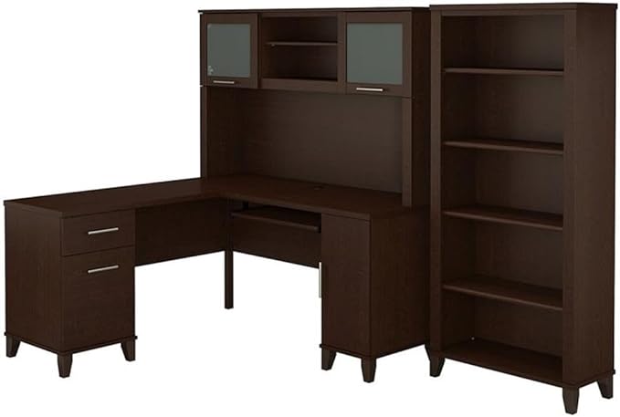 Pemberly Row 60W L Shaped Desk with Hutch and 5 Shelf Bookcase, Cherry Finish, Wire Management, Frosted Glass Doors, Adjustable Shelves, Transitional Style Office Set for Home or Small Office Use