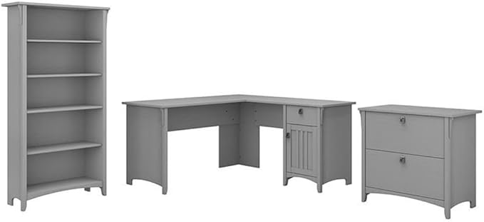 Pemberly Row 60W L Shaped Desk Office Suite, Cape Cod Gray Finish, Includes Desk with Storage Cabinet, File Cabinet, and 5-Shelf Bookcase, Mission Style Home Office Furniture Set